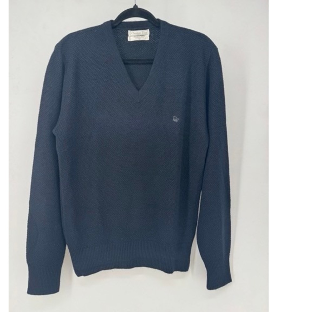 Vintage Christian Dior Monsieur Men Navy Blue V-Neck Waffle Knit Sweater MEDIUM - Picture 2 of 6